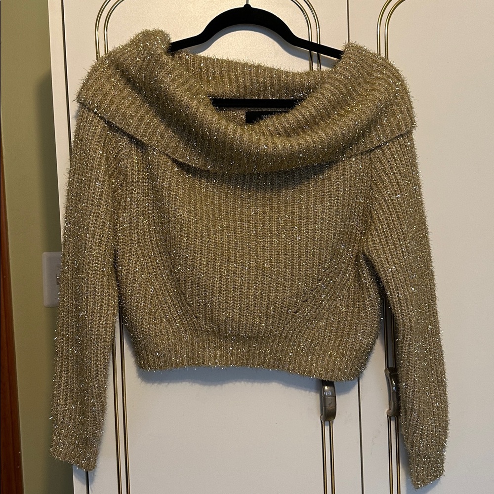 Forever 21 Gold Shiny Off Shoulder Sweater - S